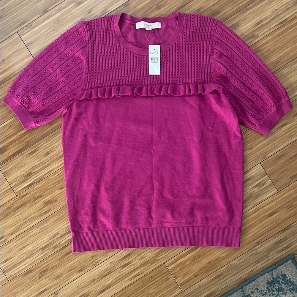 LOFT Magenta Ruffle Short Sleeve Top